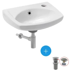 Siko Ensemble lave-main suspendu avec trou pour robinetterie, trop plein, 35x28cm + Bonde clic-clac + Siphon de lavabo (EUR913-SET2)* Lavabo