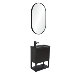 Mob-In Ensemble lave-mains NOVA métal et bois avec robinet noir et miroir ovale* Lave-Mains