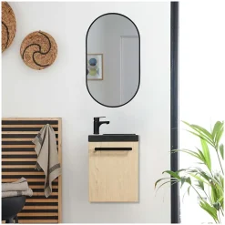 Mob-In Ensemble lave-mains suspendu NEVADA avec robinet noir et miroir ovale