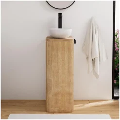 Mob-In Ensemble lave-mains totem en chêne massif vieilli avec vasque ronde TOM* Lave-Mains