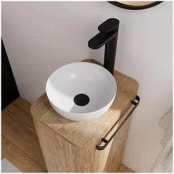 Mob-In Ensemble lave-mains totem en chêne massif vieilli avec vasque ronde TOM* Lave-Mains