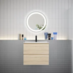 AICA Sanitaire Ensemble L.60cm meuble vasque 2 tiroirs + lavabo + LED miroir rond 60cm,chêne* Ensemble Meuble De Salle De Bains