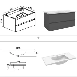 AICA Sanitaire Ensemble meuble 100 cm anthracite avec 2 tiroirs, lavabo céramique + Miroir Bluetooth tricolore + 2 colonnes hautes, suspendu