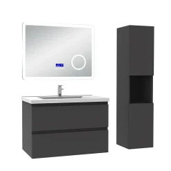 AICA Sanitaire Ensemble meuble 80 cm anthracite avec 2 tiroirs, lavabo céramique + Miroir Bluetooth tricolore + colonne haute, suspendu