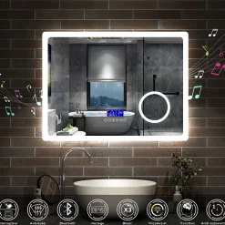 AICA Sanitaire Ensemble meuble 80 cm anthracite avec 2 tiroirs, lavabo céramique + Miroir Bluetooth tricolore + colonne haute, suspendu