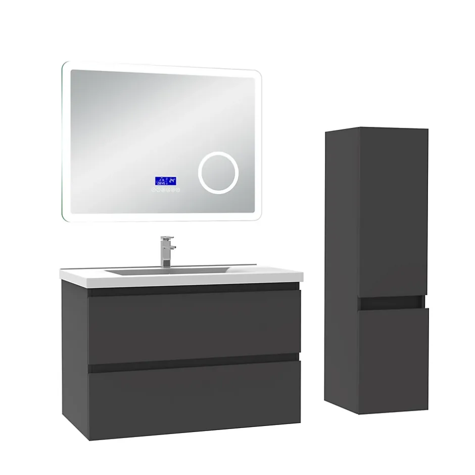 AICA Sanitaire Ensemble meuble 80 cm anthracite avec 2 tiroirs, lavabo céramique + Miroir Bluetooth tricolore + colonne, suspendu