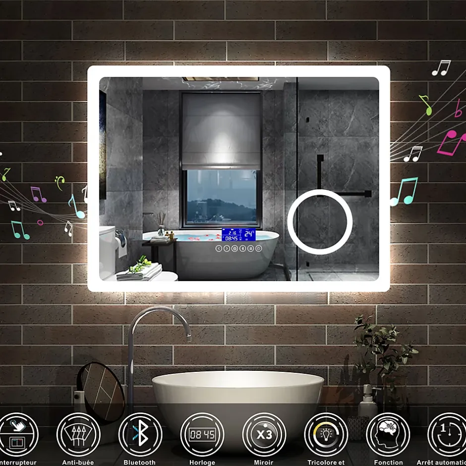 AICA Sanitaire Ensemble meuble 80 cm anthracite avec 2 tiroirs, lavabo céramique + Miroir Bluetooth tricolore + colonne, suspendu