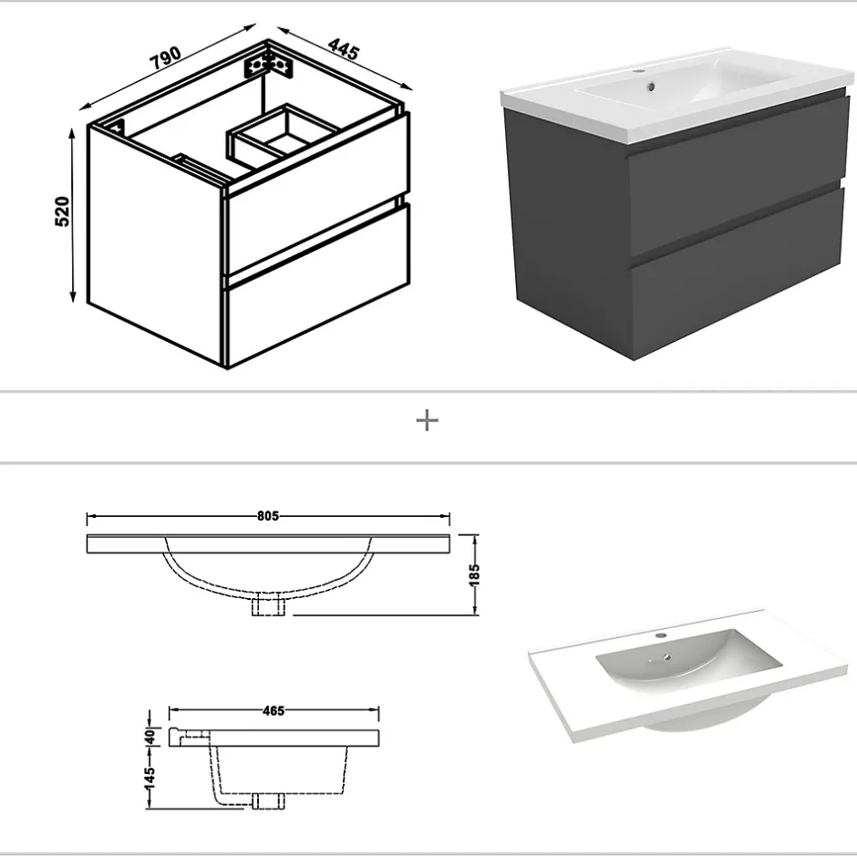 AICA Sanitaire Ensemble meuble 80 cm anthracite avec 2 tiroirs, lavabo céramique + Miroir Bluetooth tricolore + colonne, suspendu