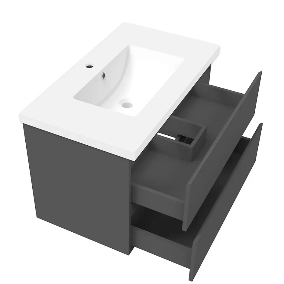 AICA Sanitaire Ensemble meuble 80 cm anthracite avec 2 tiroirs, lavabo céramique + Miroir Bluetooth tricolore + colonne, suspendu