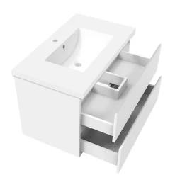 AICA Sanitaire Ensemble meuble 80 cm blanc avec 2 tiroirs à fermeture automatique, lavabo céramique + miroir Bluetooth tricolore, suspendu* Ensemble Meuble De Salle De Bains