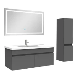 AICA Sanitaire Ensemble meuble + vasque + miroir lumineux + colonne 100cm meuble salle de bain Anthracite* Ensemble Meuble De Salle De Bains