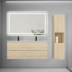 AICA Sanitaire Ensemble meuble 2 vasque L.120cm 4 tiroirs + lavabo + LED miroir + colonne,chêne design