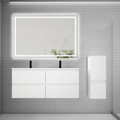 AICA Sanitaire Ensemble meuble 2 vasque L.120cm 4 tiroirs + lavabo + LED miroir + colonne,blanc,A