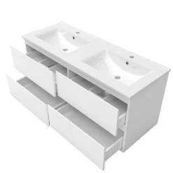 AICA Sanitaire Ensemble meuble 2 vasque L.120cm 4 tiroirs + lavabo + LED miroir + colonne,blanc,A