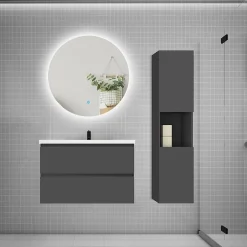 AICA Sanitaire Ensemble meuble anthracite et vasque L.80cm 2 tiroirs + colonne haut + lavabo + miroir 60x60cm-suspendu