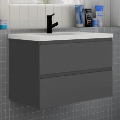 AICA Sanitaire Ensemble meuble anthracite et vasque L.80cm 2 tiroirs + colonne haut + lavabo + miroir 60x60cm-suspendu