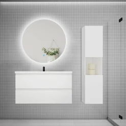 AICA Sanitaire Ensemble meuble blanc et vasque L.100cm 2 tiroirs + colonne haut + lavabo + miroir 60x60cm-suspendu