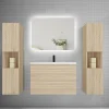 AICA Sanitaire Ensemble meuble chêne et vasque L.80cm 2 tiroirs + colonne x2 haut + lavabo + miroir 80x60cm-suspendu