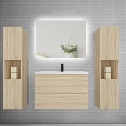 AICA Sanitaire Ensemble meuble chêne et vasque L.80cm 2 tiroirs + colonne x2 haut + lavabo + miroir 80x60cm-suspendu