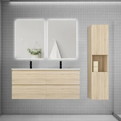 AICA Sanitaire Ensemble meuble chêne et vasque L.120cm 4 tiroirs + colonne haut + lavabo + miroir 80x60cm x2-suspendu* Ensemble Meuble De Salle De Bains