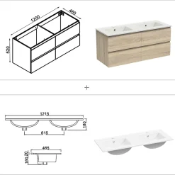AICA Sanitaire Ensemble meuble chêne et vasque L.120cm 4 tiroirs + colonne haut + lavabo + miroir 80x60cm x2-suspendu* Ensemble Meuble De Salle De Bains