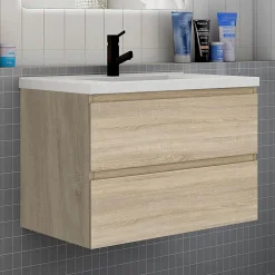 AICA Sanitaire Ensemble meuble chêne et vasque L.80cm 2 tiroirs + colonne haute + lavabo + miroir 80x60cm-suspendu* Ensemble Meuble De Salle De Bains