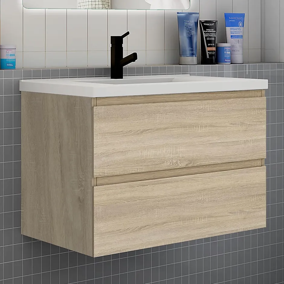 AICA Sanitaire Ensemble meuble chêne et vasque L.80cm 2 tiroirs + colonne haute + lavabo + miroir 80x60cm-suspendu* Ensemble Meuble De Salle De Bains