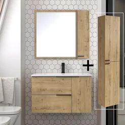 Cosyneo Ensemble meuble de salle de bain 80cm vasque déportée + colonne de rangement - KING - Roble (chêne clair)* Ensemble Meuble De Salle De Bains