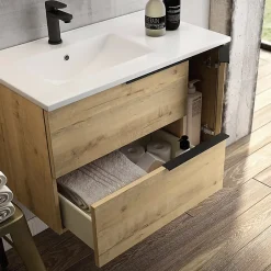 Cosyneo Ensemble meuble de salle de bain 80cm vasque déportée + colonne de rangement - KING - Roble (chêne clair)* Ensemble Meuble De Salle De Bains