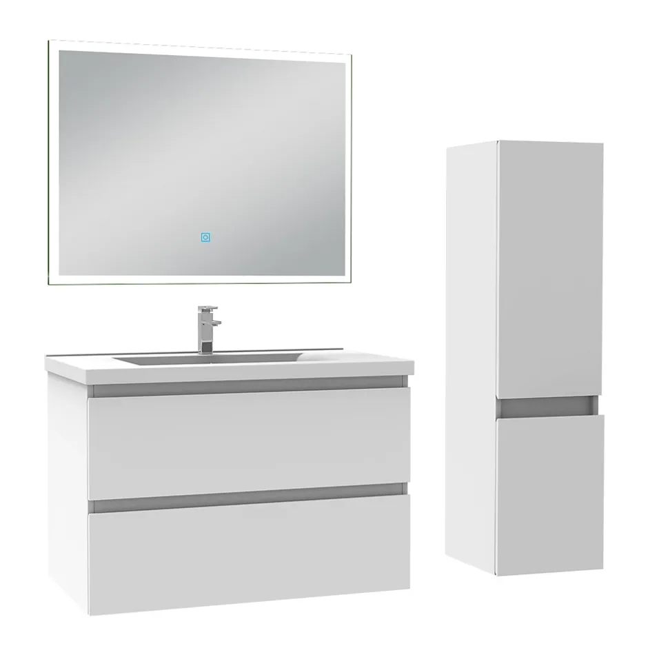 AICA Sanitaire Ensemble meuble de salle de bain 80cm, vasque céramique + colonne + miroir lumineux, blanc* Ensemble Meuble De Salle De Bains