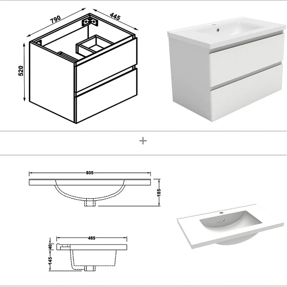 AICA Sanitaire Ensemble meuble de salle de bain 80cm, vasque céramique + colonne + miroir lumineux, blanc* Ensemble Meuble De Salle De Bains