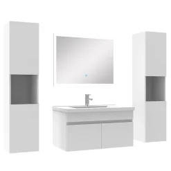 AICA Sanitaire Ensemble meuble de salle de bain 80cm simple vasque + colonne de rangement + miroir lumineux Blanc* Ensemble Meuble De Salle De Bains