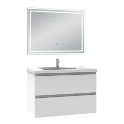 AICA Sanitaire Ensemble meuble de salle de bain 80cm, vasque céramique et LED miroir mural, blanc* Ensemble Meuble De Salle De Bains