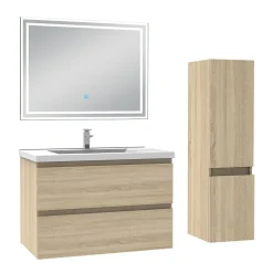 AICA Sanitaire Ensemble meuble de salle de bain 80cm, vasque céramique + colonne + LED miroir rectangulaire, chêne* Ensemble Meuble De Salle De Bains