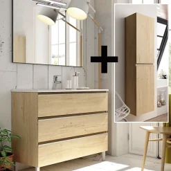 Cosyneo Ensemble meuble de salle de bain 80cm simple vasque + colonne de rangement PALMA - bambou (chêne clair)* Ensemble Meuble De Salle De Bains