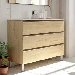 Cosyneo Ensemble meuble de salle de bain 80cm simple vasque + colonne de rangement PALMA - bambou (chêne clair)* Ensemble Meuble De Salle De Bains