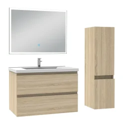 AICA Sanitaire Ensemble meuble de salle de bain 80cm, vasque céramique + colonne + miroir lumineux, chêne