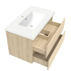AICA Sanitaire Ensemble meuble de salle de bain 80cm, vasque céramique + colonne + miroir lumineux, chêne