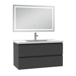 AICA Sanitaire Ensemble meuble de salle de bain avec tiroirs 100cm, vasque céramique et LED miroir, anthracite* Ensemble Meuble De Salle De Bains