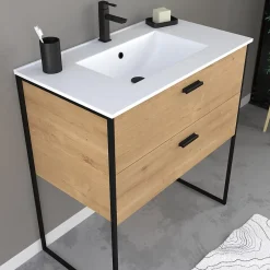 Aurlane Ensemble meuble de salle de bain 80x45cm style industriel couleur chene naturel - vasque blanche* Ensemble Meuble De Salle De Bains