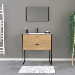 Aurlane Ensemble meuble de salle de bain 80x45cm style industriel couleur chene naturel - vasque blanche* Ensemble Meuble De Salle De Bains