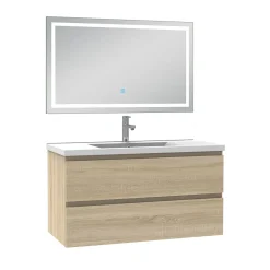 AICA Sanitaire Ensemble meuble de salle de bain avec tiroirs 100cm, vasque céramique et LED miroir, chêne