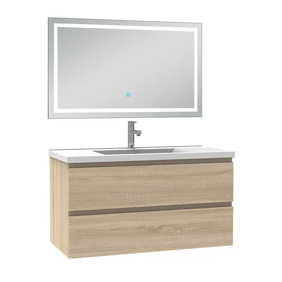 AICA Sanitaire Ensemble meuble de salle de bain avec tiroirs 100cm, vasque céramique et LED miroir, chêne