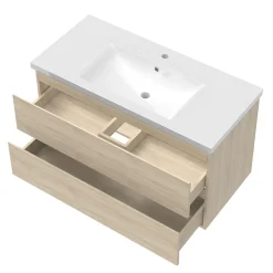 AICA Sanitaire Ensemble meuble de salle de bain avec tiroirs 100cm, vasque céramique et LED miroir, chêne