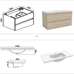 AICA Sanitaire Ensemble meuble de salle de bain avec tiroirs 100cm, vasque céramique et LED miroir, chêne