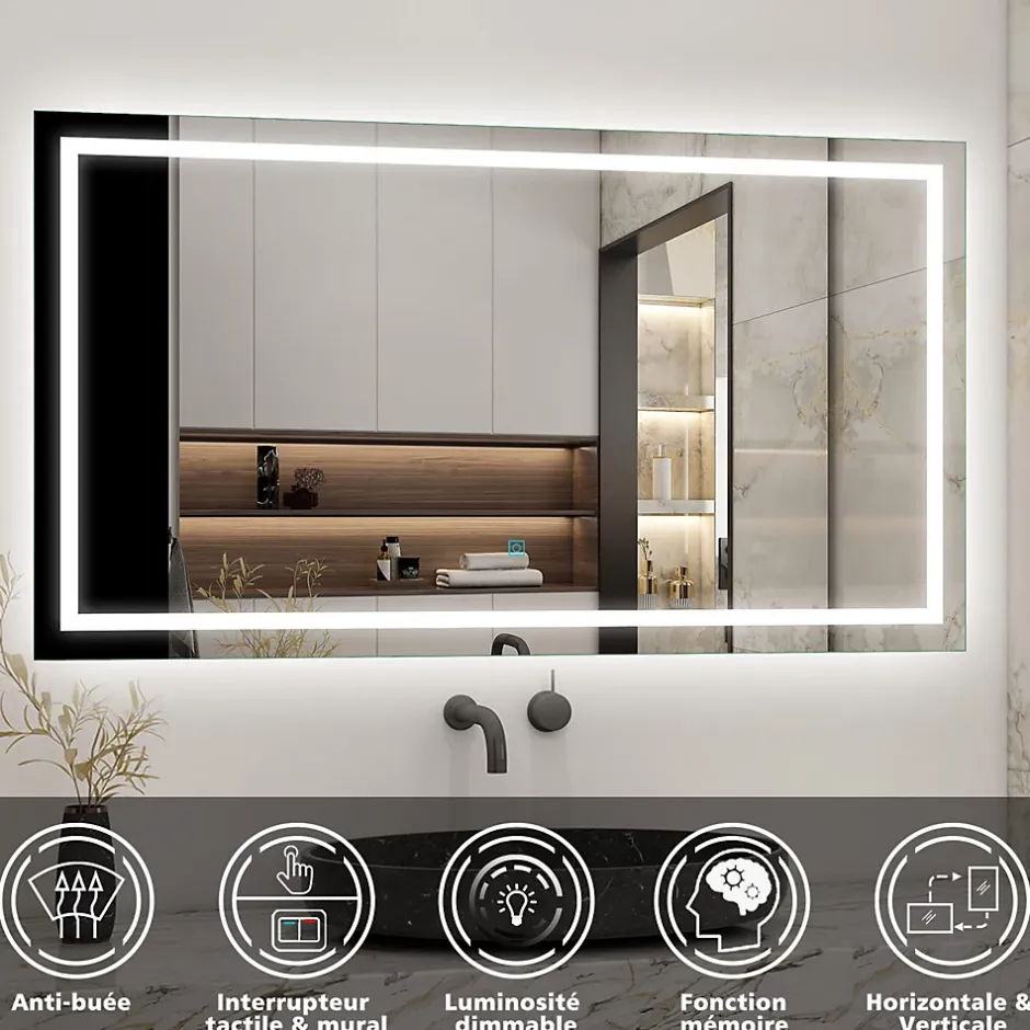 AICA Sanitaire Ensemble meuble de salle de bain avec tiroirs 100cm, vasque céramique et LED miroir, chêne