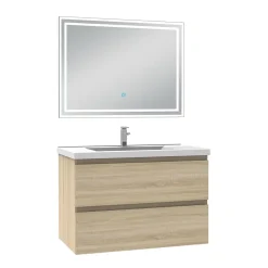 AICA Sanitaire Ensemble meuble de salle de bain 80cm, vasque céramique et LED miroir mural, chêne* Ensemble Meuble De Salle De Bains