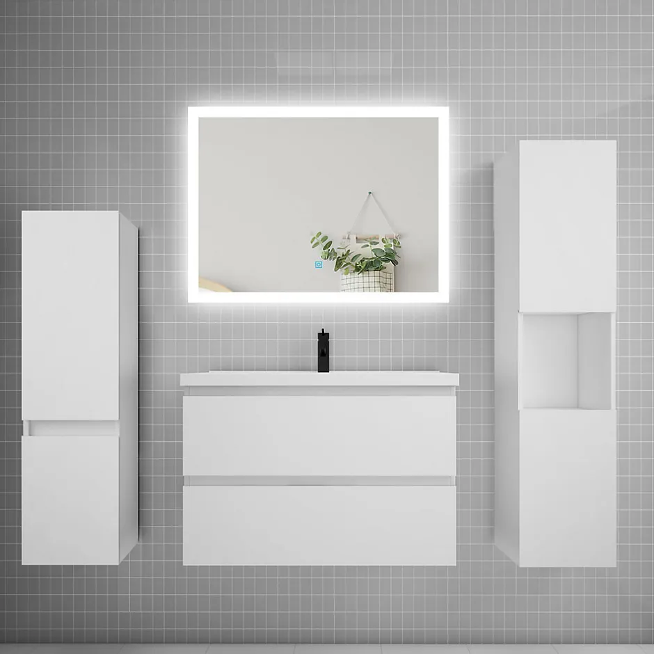 AICA Sanitaire Ensemble meuble de salle de bains 80cm, simple vasque et colonne et LED miroir rectangulaire,blanc* Ensemble Meuble De Salle De Bains