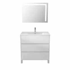 Aurlane Ensemble Meuble de salle de bain blanc 80 cm sur pied 3 tiroirs + vasque ceramique blanche + miroir* Ensemble Meuble De Salle De Bains