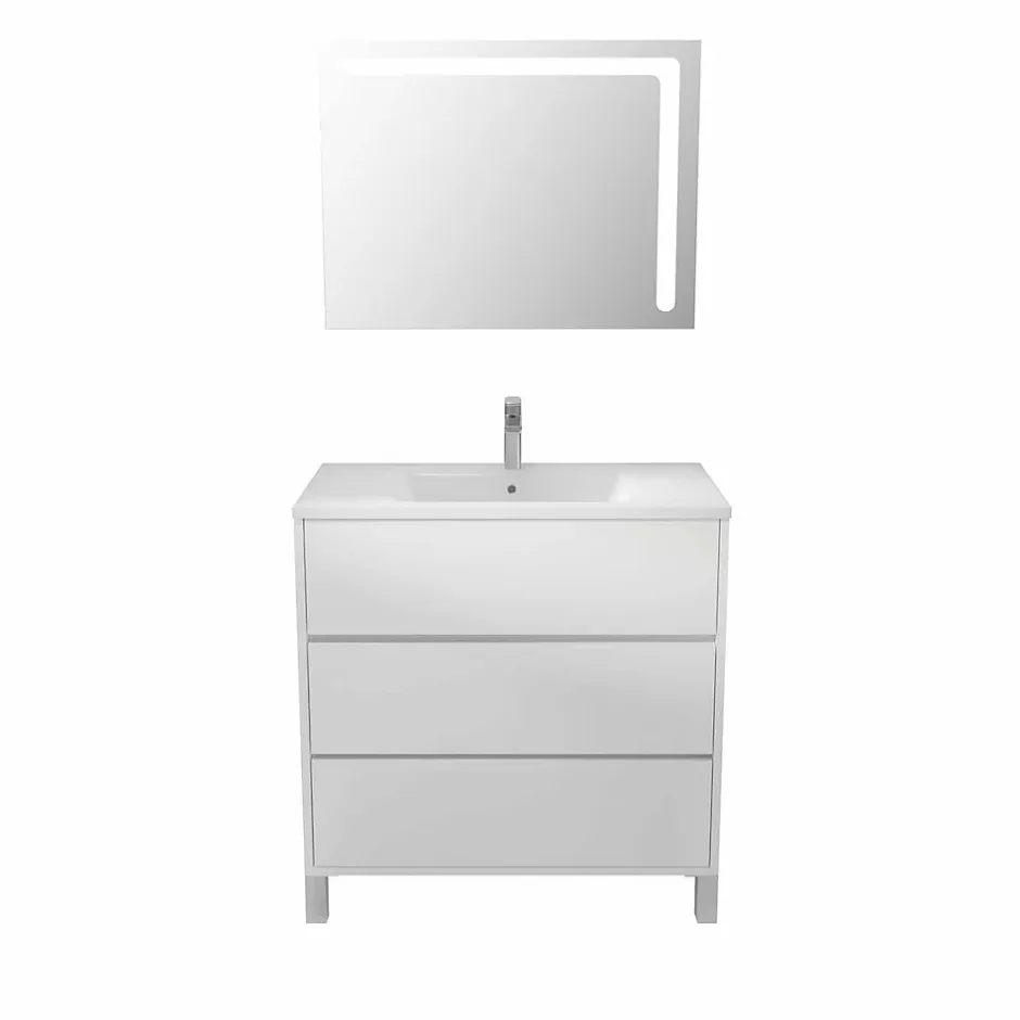 Aurlane Ensemble Meuble de salle de bain blanc 80 cm sur pied 3 tiroirs + vasque ceramique blanche + miroir* Ensemble Meuble De Salle De Bains